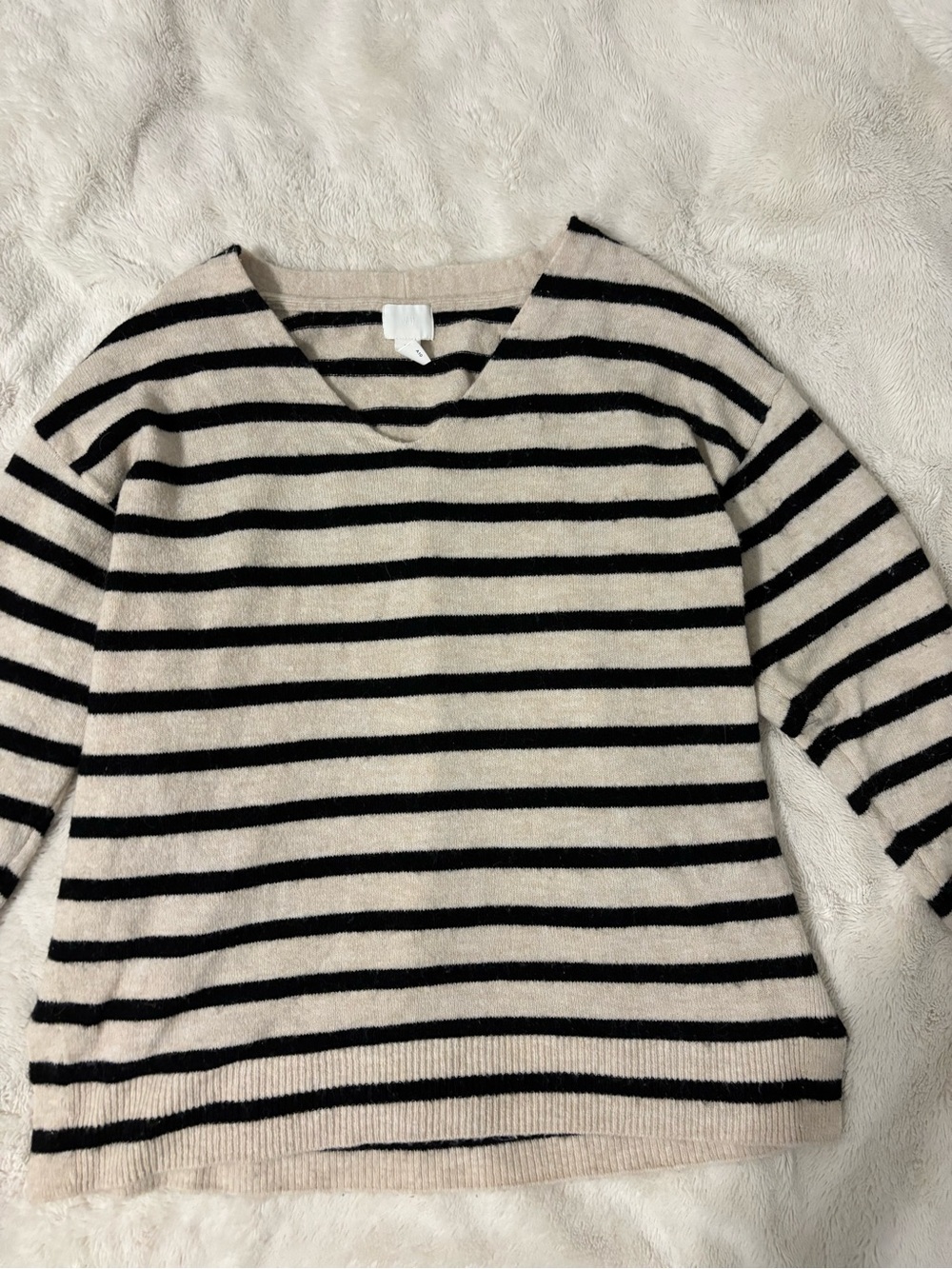 H&M Cream and Black Striped V-Neck Sweater